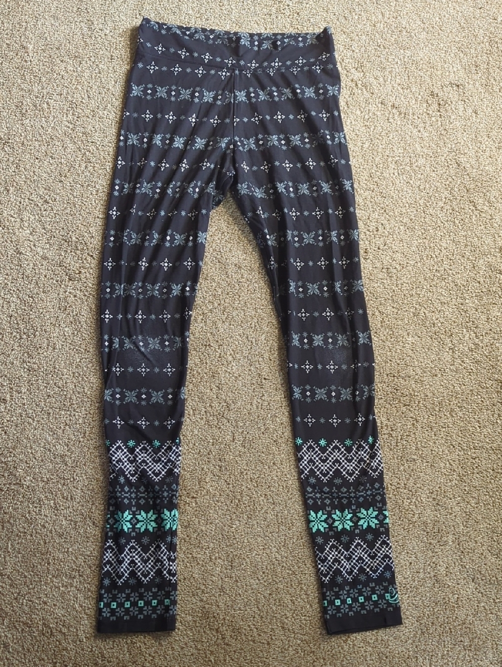 Cuddl Duds Black Leggings with Teal Snowflake Motif